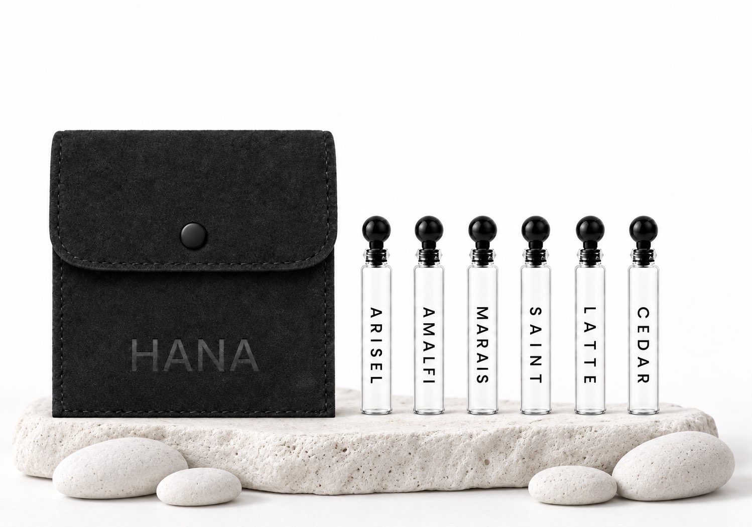 HANA Discovery Set with six miniature fragrances and a black travel case